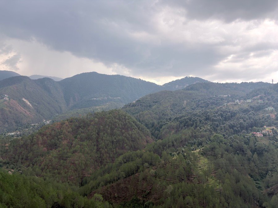 Himalayan and pine forest view from a Hotel Pineora balcony